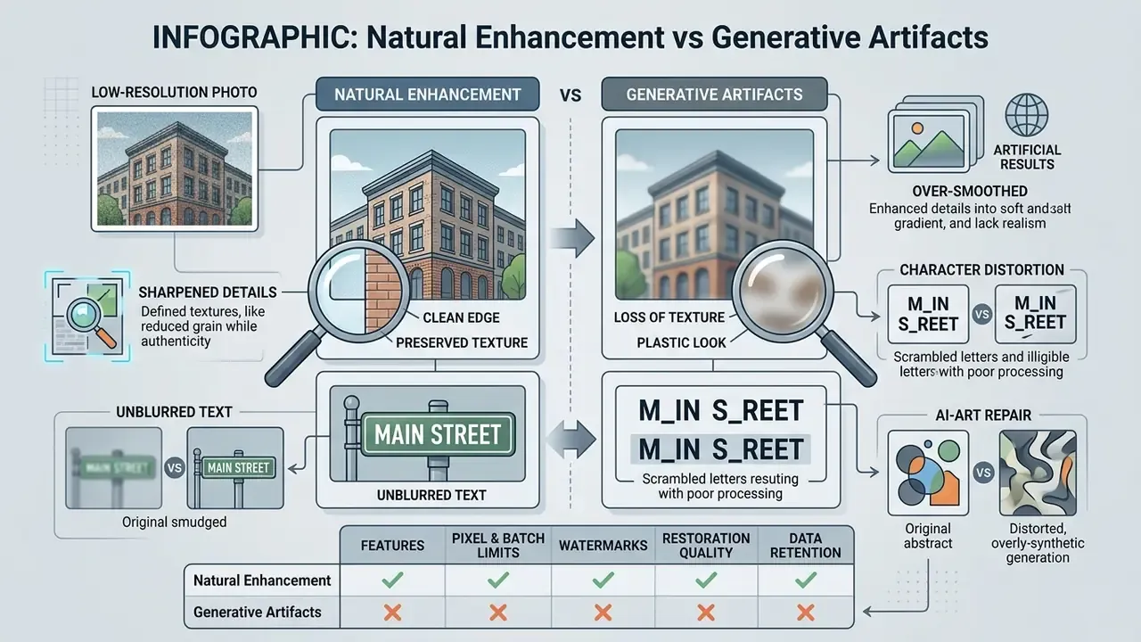 Comparison infographic showing how to improve image quality by avoiding generative artifacts