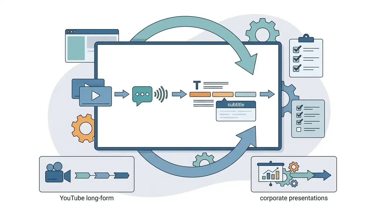 Video clips and audio being converted into text and subtitles within a circular processing workflow