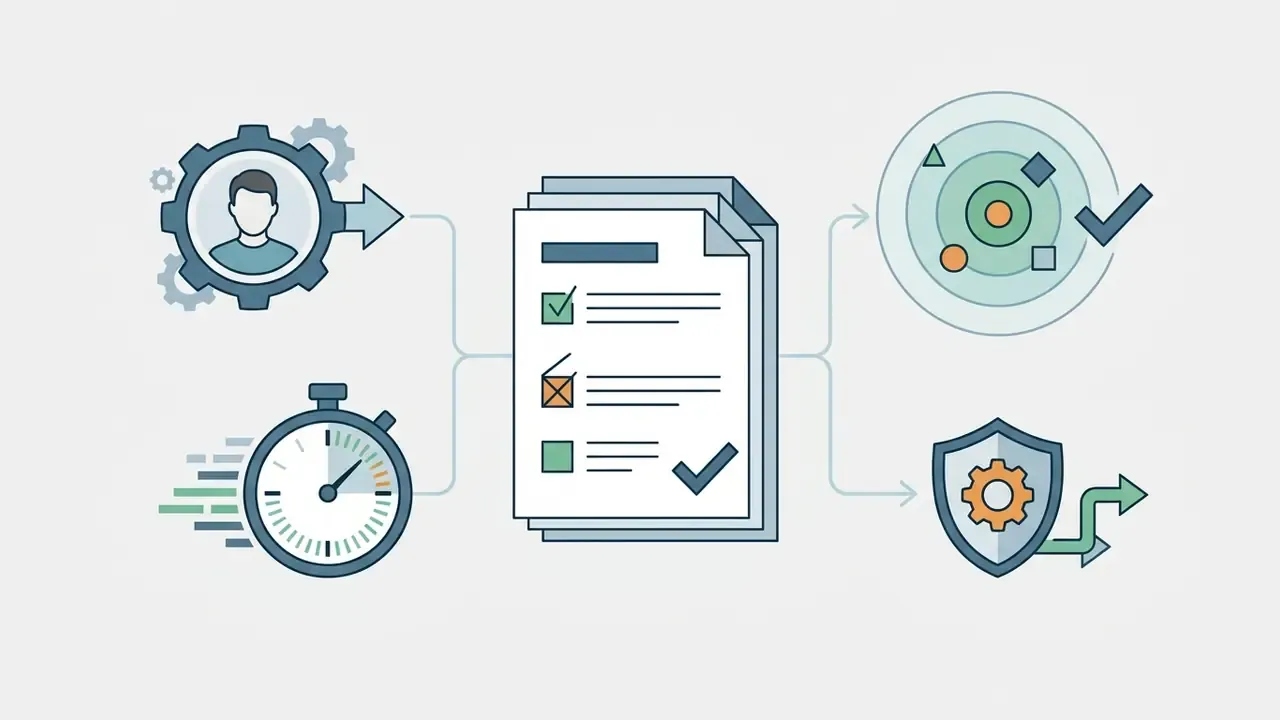 User and stopwatch icons feeding into a checklist document that connects to a radar target and a shield icon