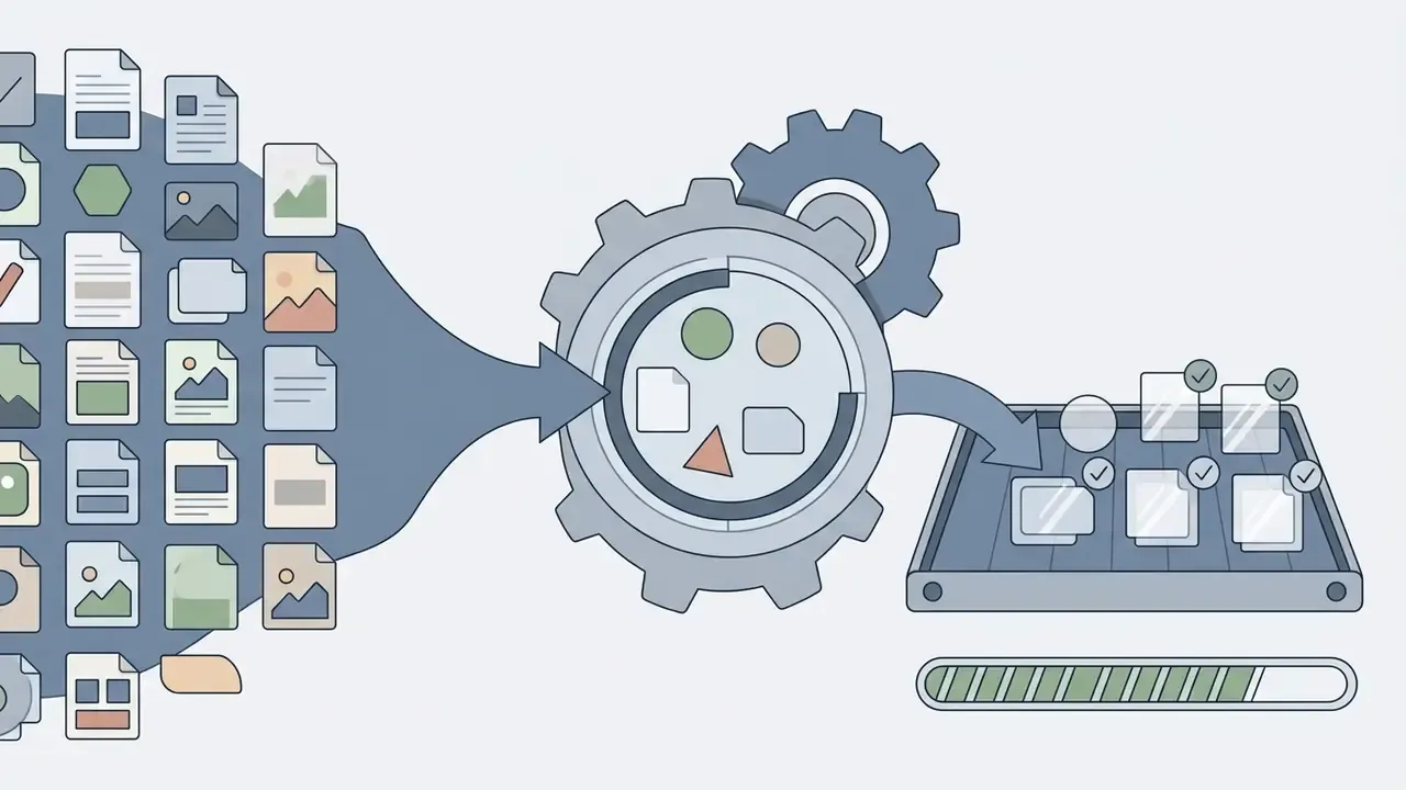 Batch of files flowing into a gear mechanism that outputs processed assets onto a conveyor belt