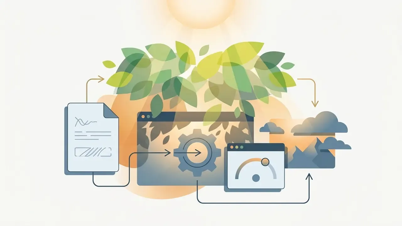 Document, gear, and gauge icons connected by arrows beneath stylized leaves against a warm sun background