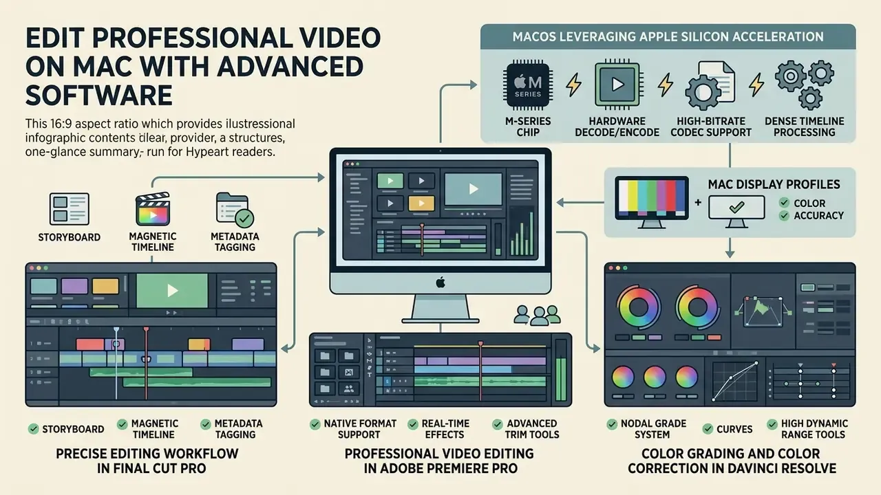Diagram showing how Apple silicon hardware acceleration powers professional video editing software on Mac