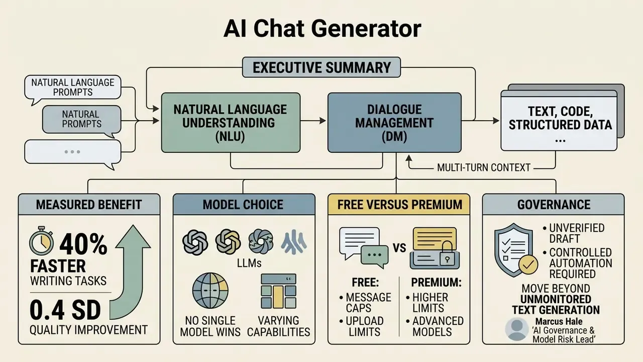 Flowchart depicting the architecture, benefits, and governance of an AI chat generator system