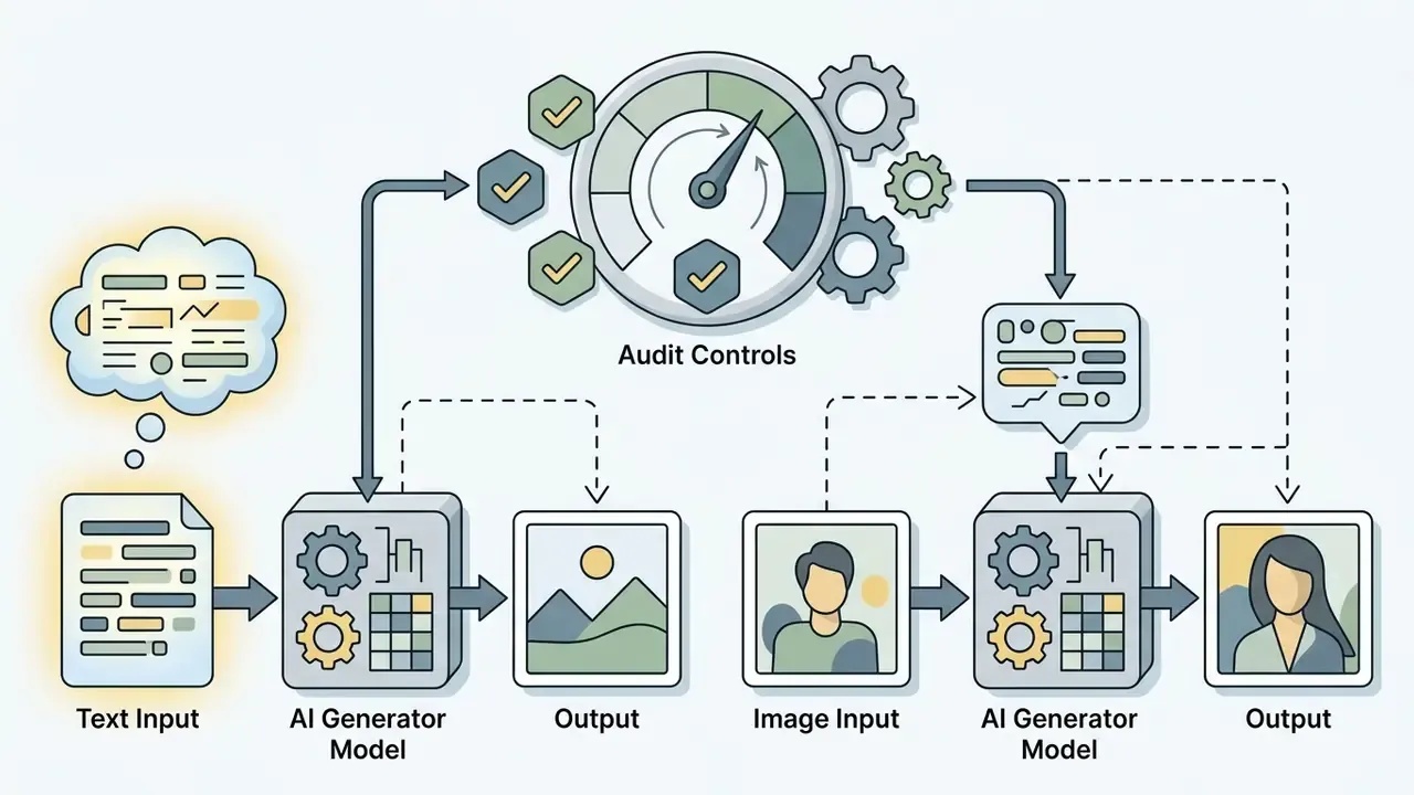 Two parallel workflows showing text and image inputs processed through generator models with audit controls