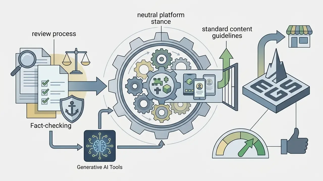 Review process and AI tools feeding into a gear system that outputs compliant game assets for a storefront