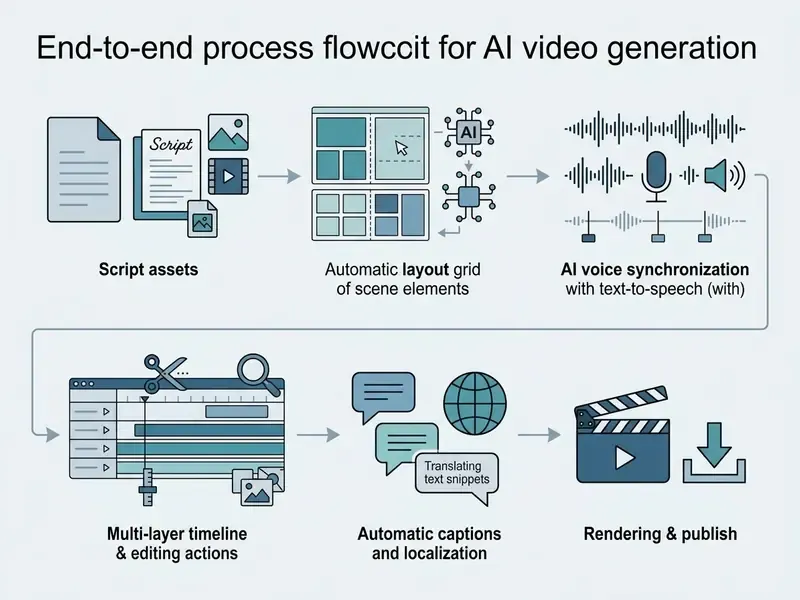Step-by-step flowchart illustrating the AI video creation process from script input to final export