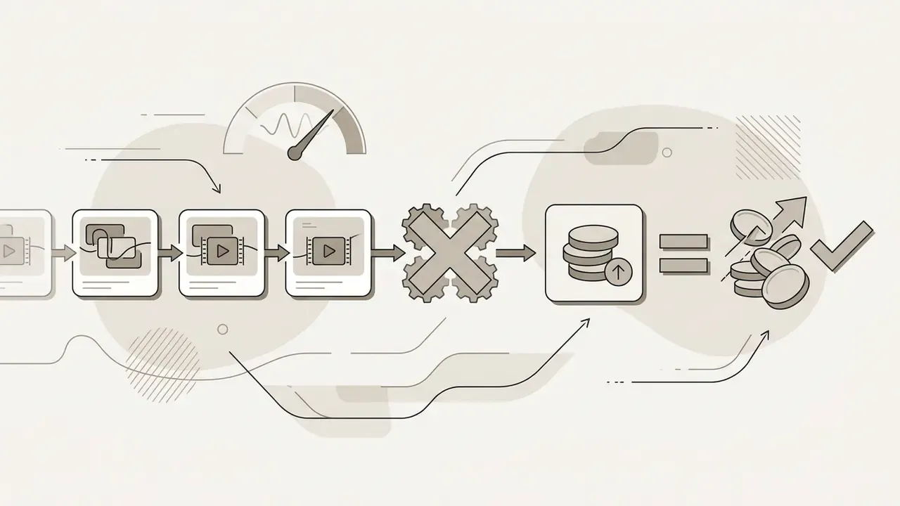 Sequence of video frames passing through gears to calculate costs represented by coins and a checkmark
