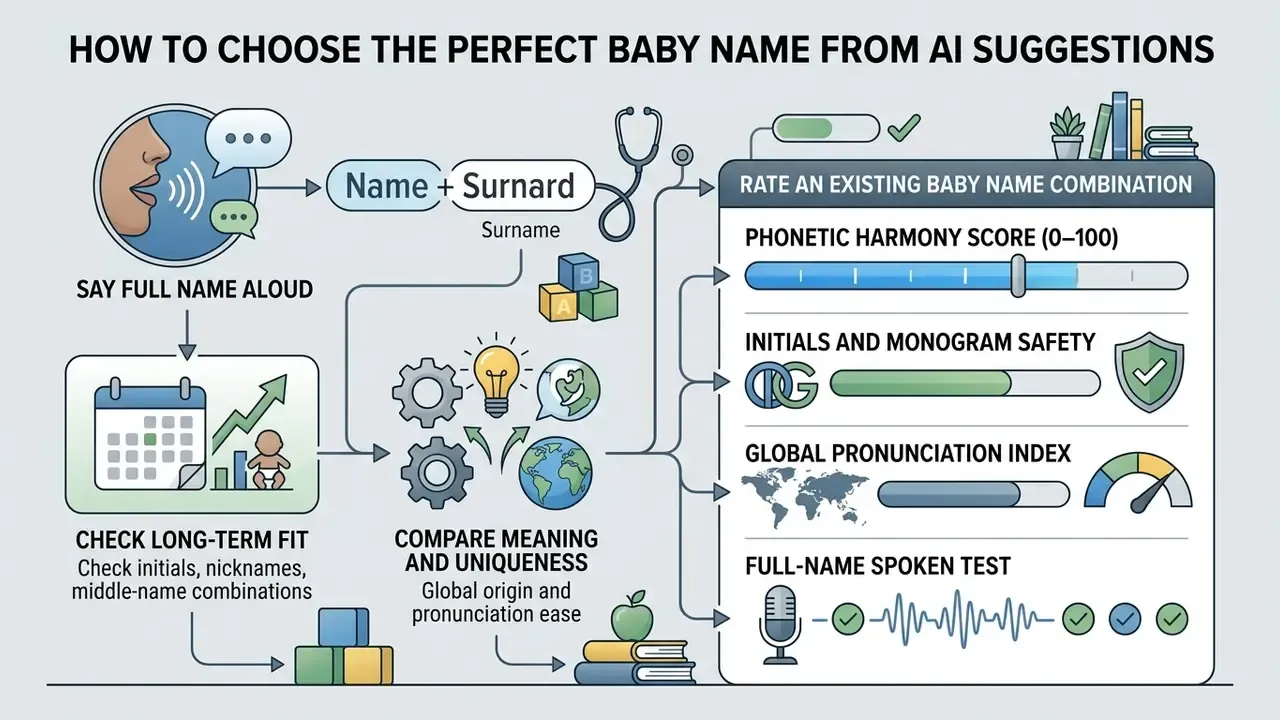 Infographic detailing a systematic evaluation process for selecting names from an AI baby name generator