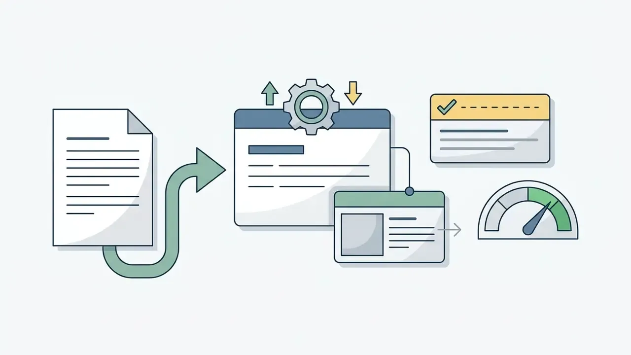 Document feeding into a gear processor that outputs to a checklist and a performance gauge