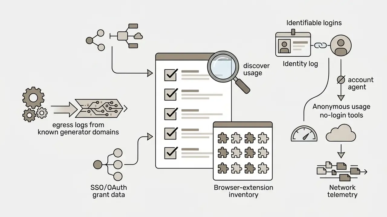 Checklist showing data sources like egress logs and SSO grants for identifying software usage