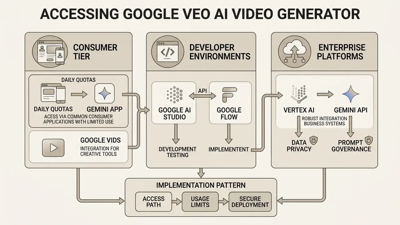 Flowchart outlining access paths for the Google Veo AI video generator across three distinct tiers