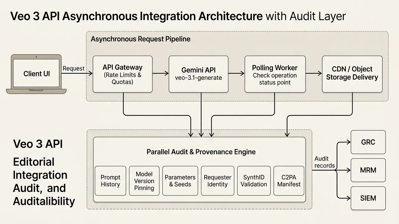 Flow of requests from client UI through API gateway and Gemini API to a parallel audit and provenance engine