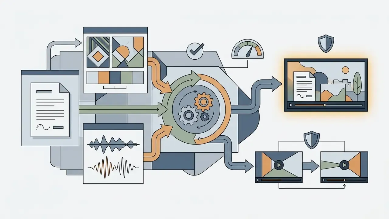 Text, images, and audio inputs feeding into a central gear engine to produce stylized video clips