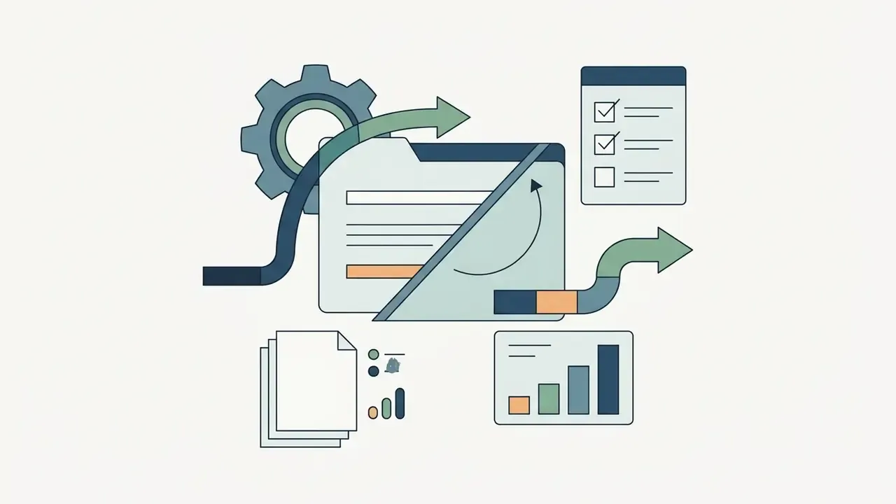 Folder icon with a gear and arrow indicating a revision process alongside a checklist and bar chart