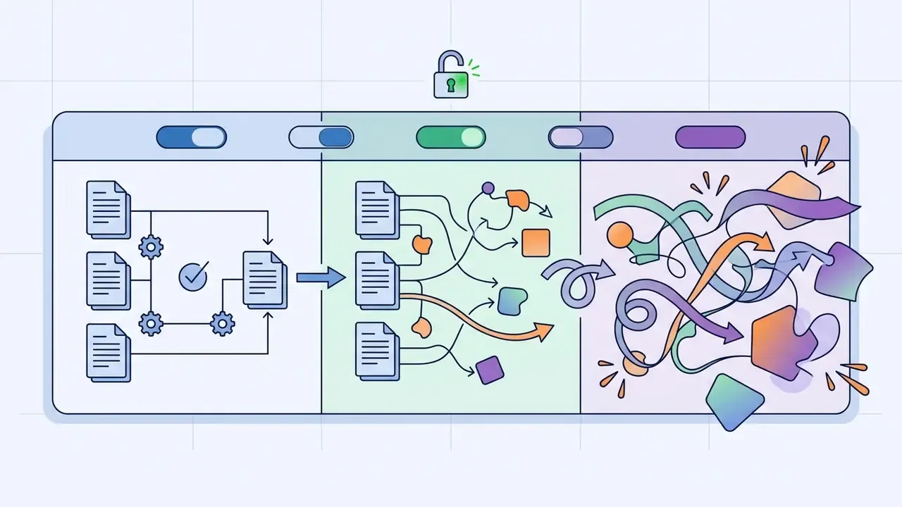 Three panels showing text documents evolving from structured processing into complex creative output