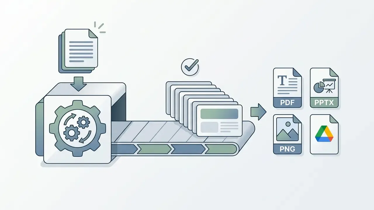 Documents entering a gear processor to emerge as a slide deck exported to PDF, PPTX, PNG, and Google Slides