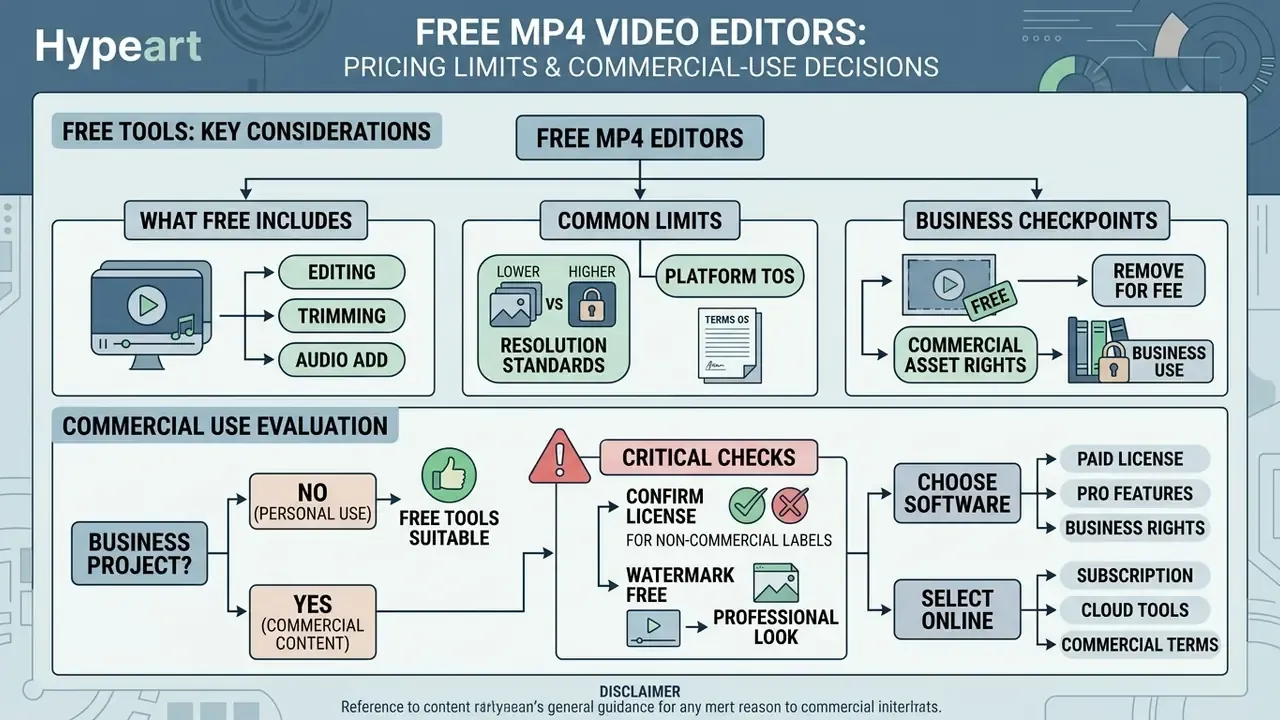 Summary diagram of considerations for choosing a free MP4 video editor for personal or business projects