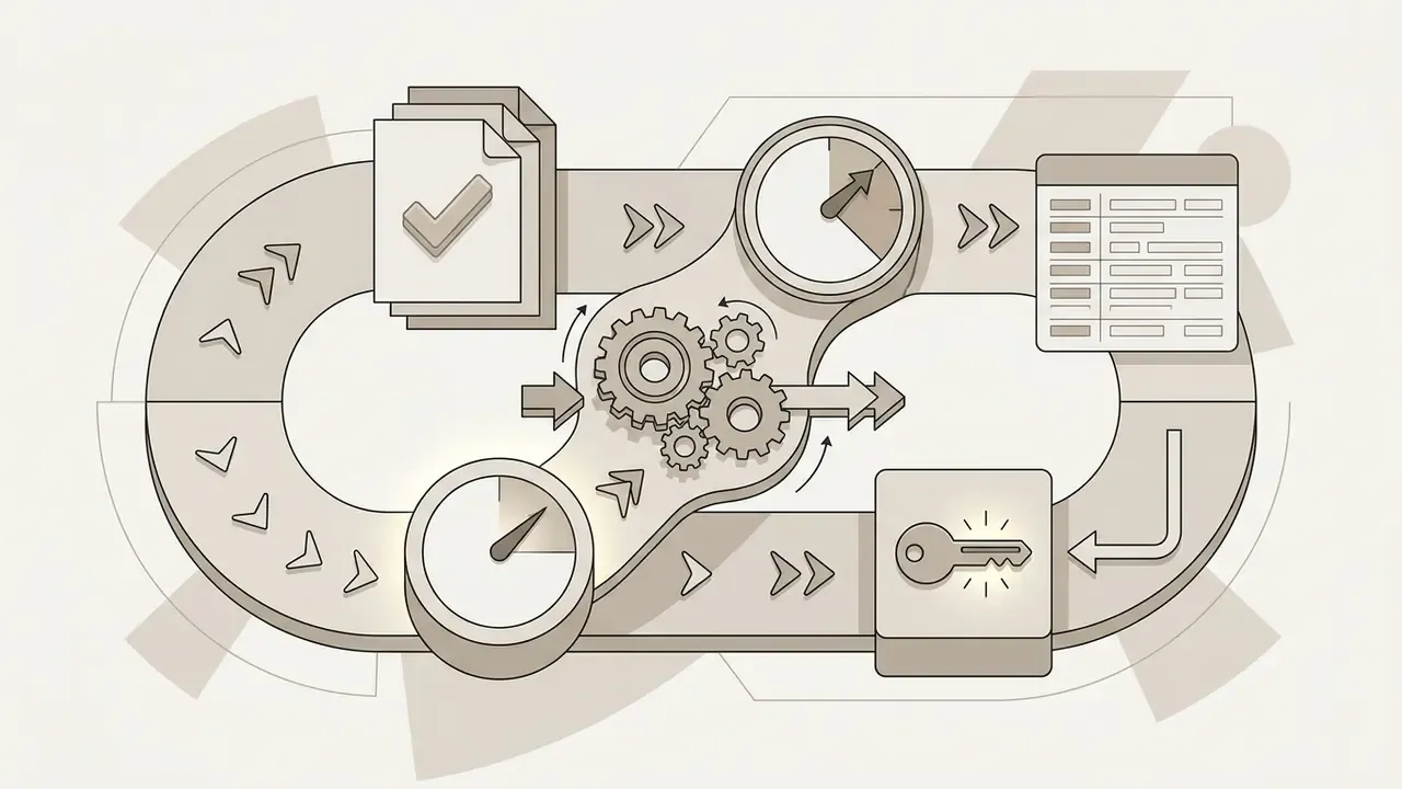 Looping path with a document, gauges, a data table, and a key icon connected by central gears