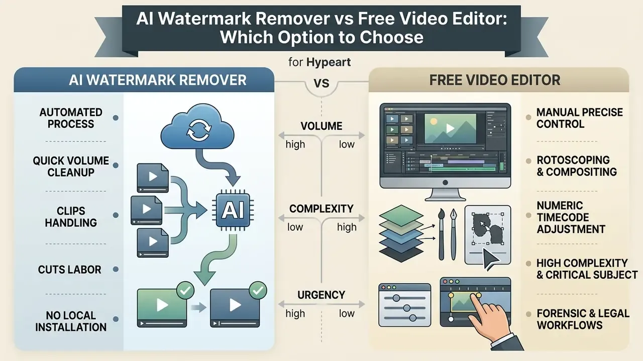 Comparison infographic contrasting automated AI watermark remover tools with manual free video editor software