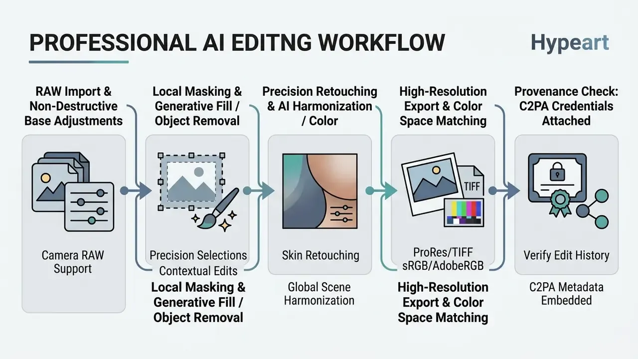 Step-by-step diagram showing a professional AI editing workflow from RAW import to C2PA metadata verification