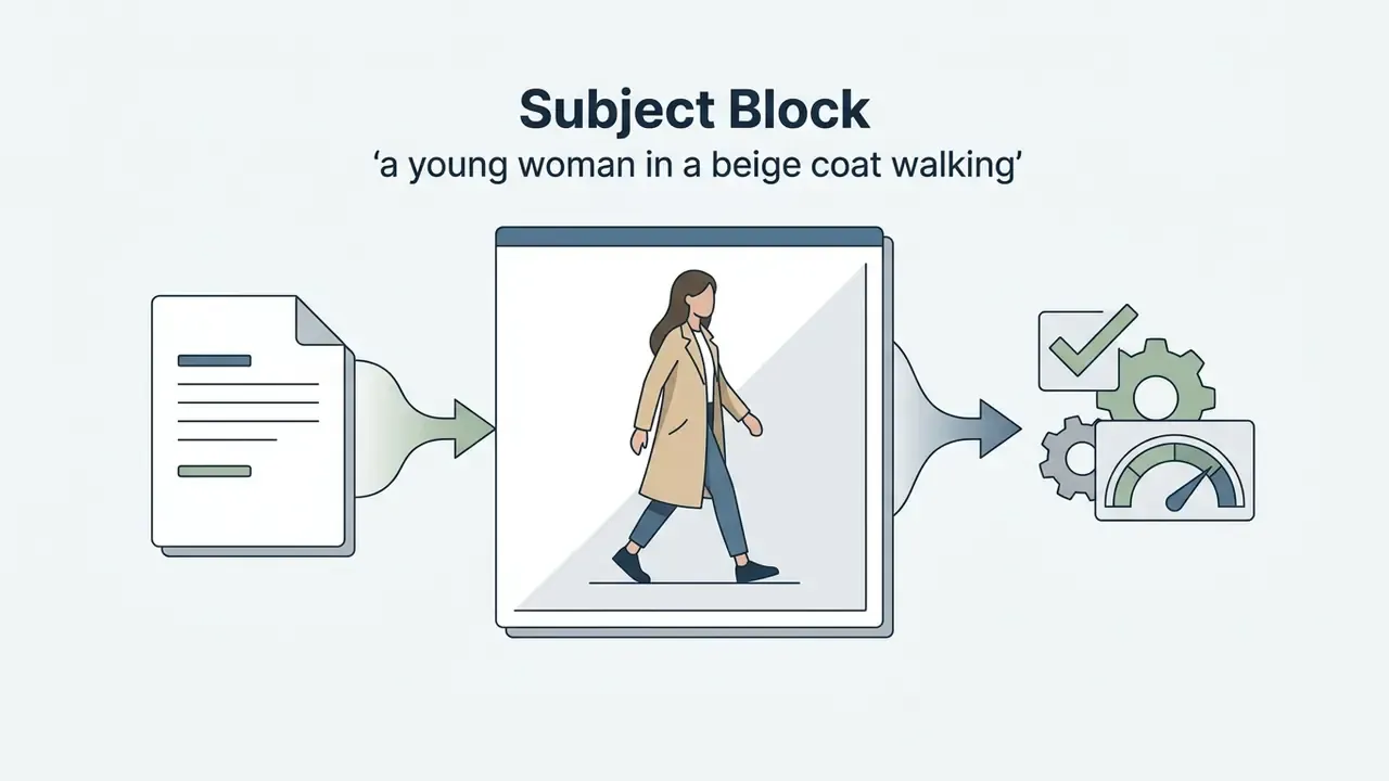 Document and subject block of a walking woman being processed by gears and gauges for AI animation