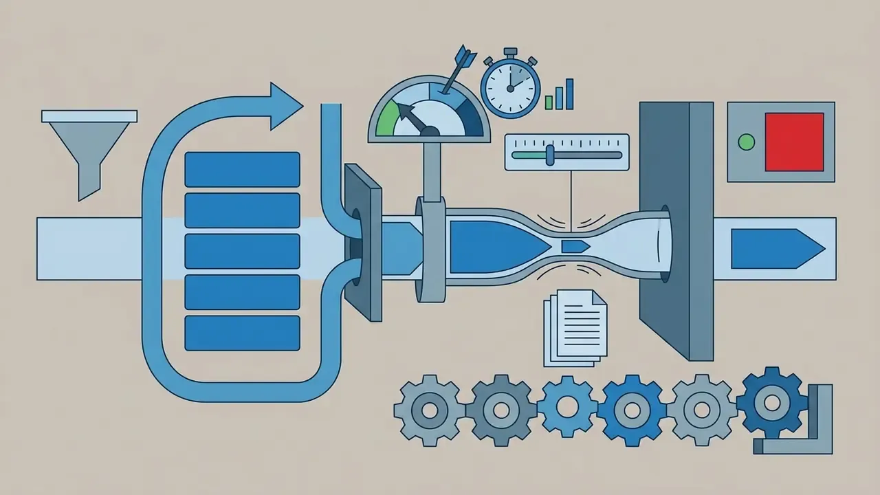 Pipeline narrowing into a restricted bottleneck with speed gauges and control settings
