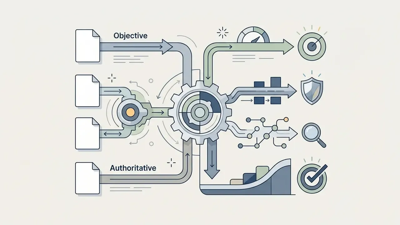 Documents feeding into a gear mechanism that outputs data to various icons representing tone and analysis