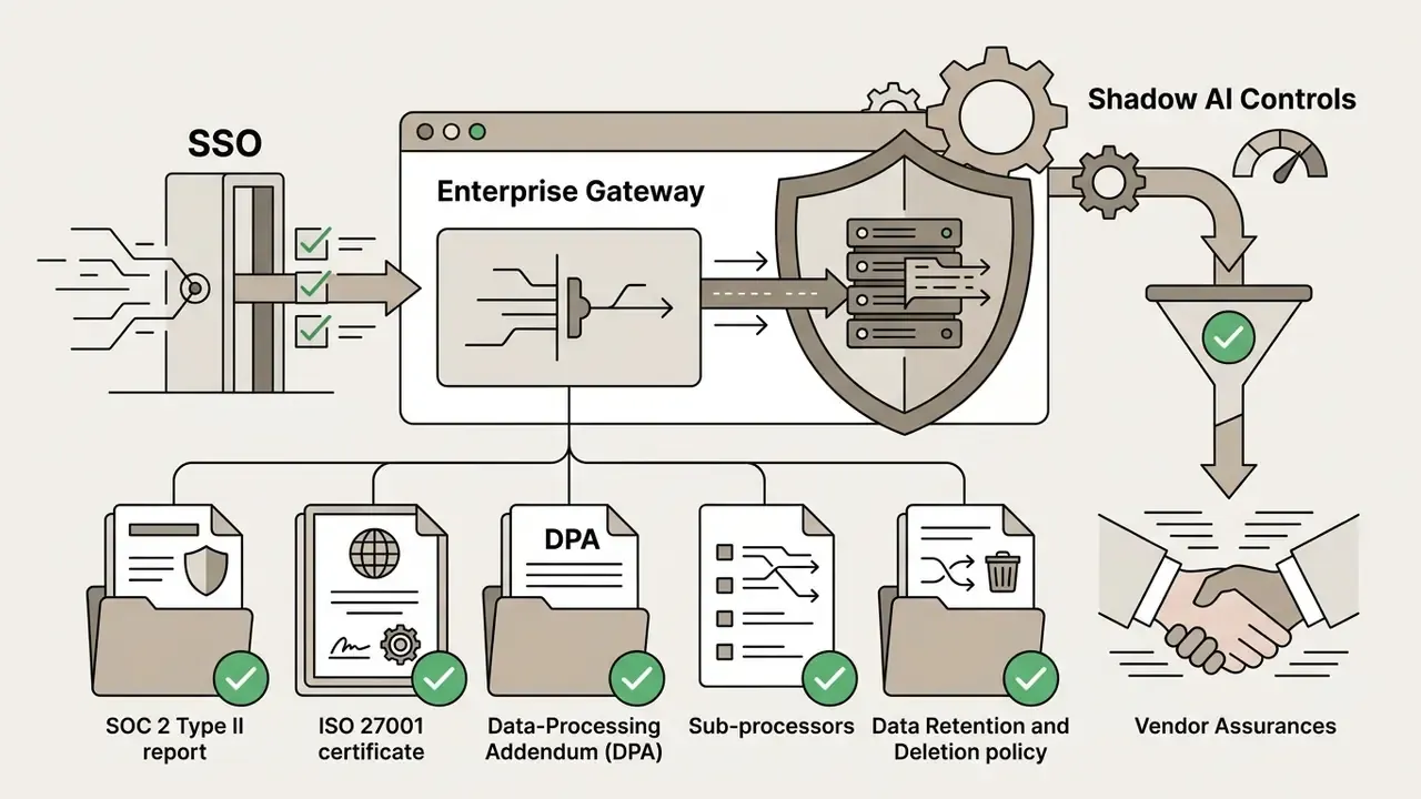 Enterprise gateway routing SSO and compliance documents to verify vendor assurances and Shadow AI controls