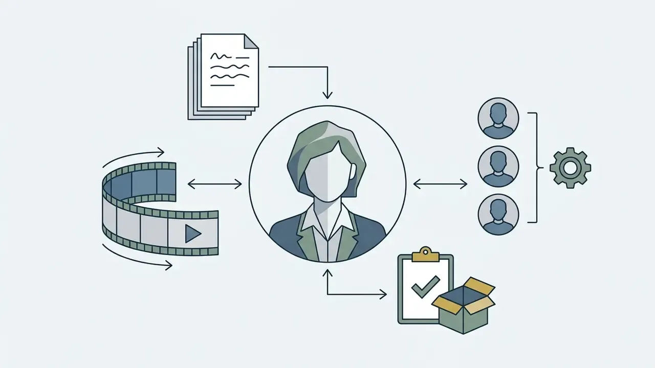 Central character icon connected to document, film strip, user profiles, and a checklist with a box