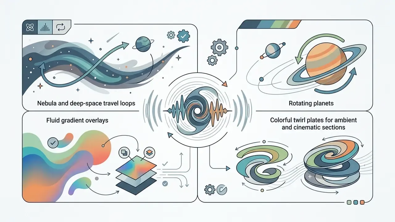 Four panels showing space nebulae, rotating planets, fluid gradients, and swirling colorful plates