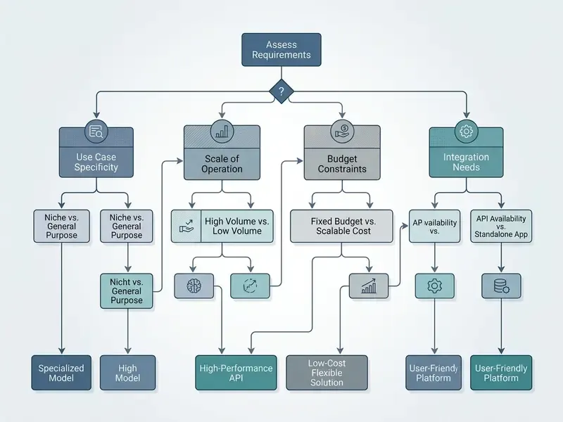 Decision tree mapping business requirements like budget and integration needs to AI model selection