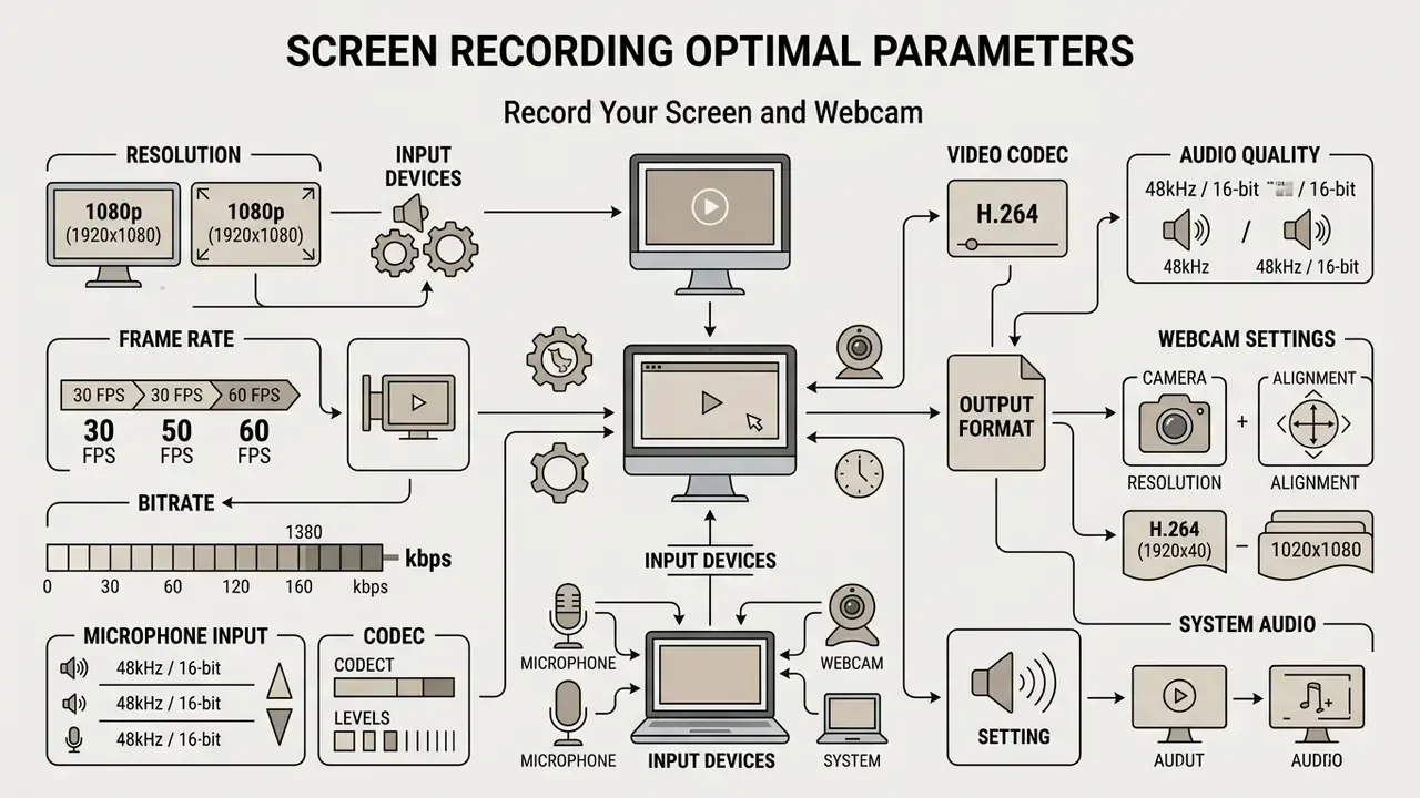 Technical diagram outlining optimal resolution, frame rate, bitrate, and audio settings for screen recording