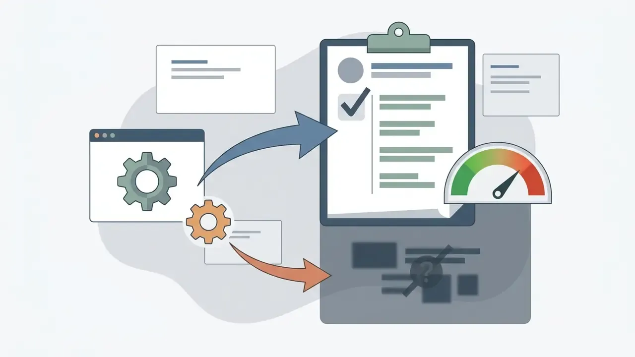 Browser window with gears sending data to a checklist and a gauge on a document