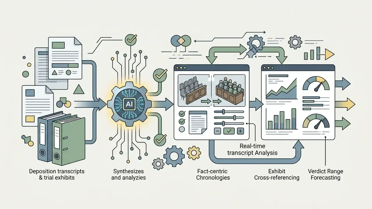 Legal documents flowing into an AI processing gear to generate trial analysis, exhibits, and verdict forecasts