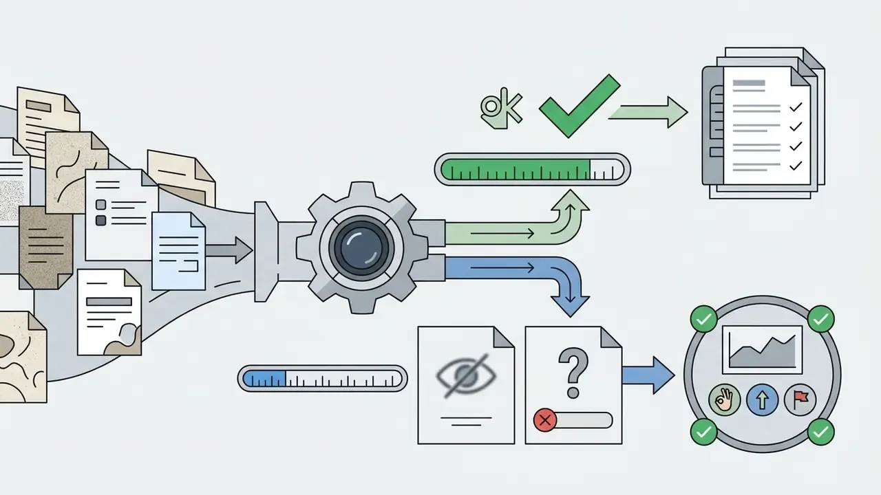 Documents entering a funnel and gear mechanism to be sorted into successful outputs or abstention markers