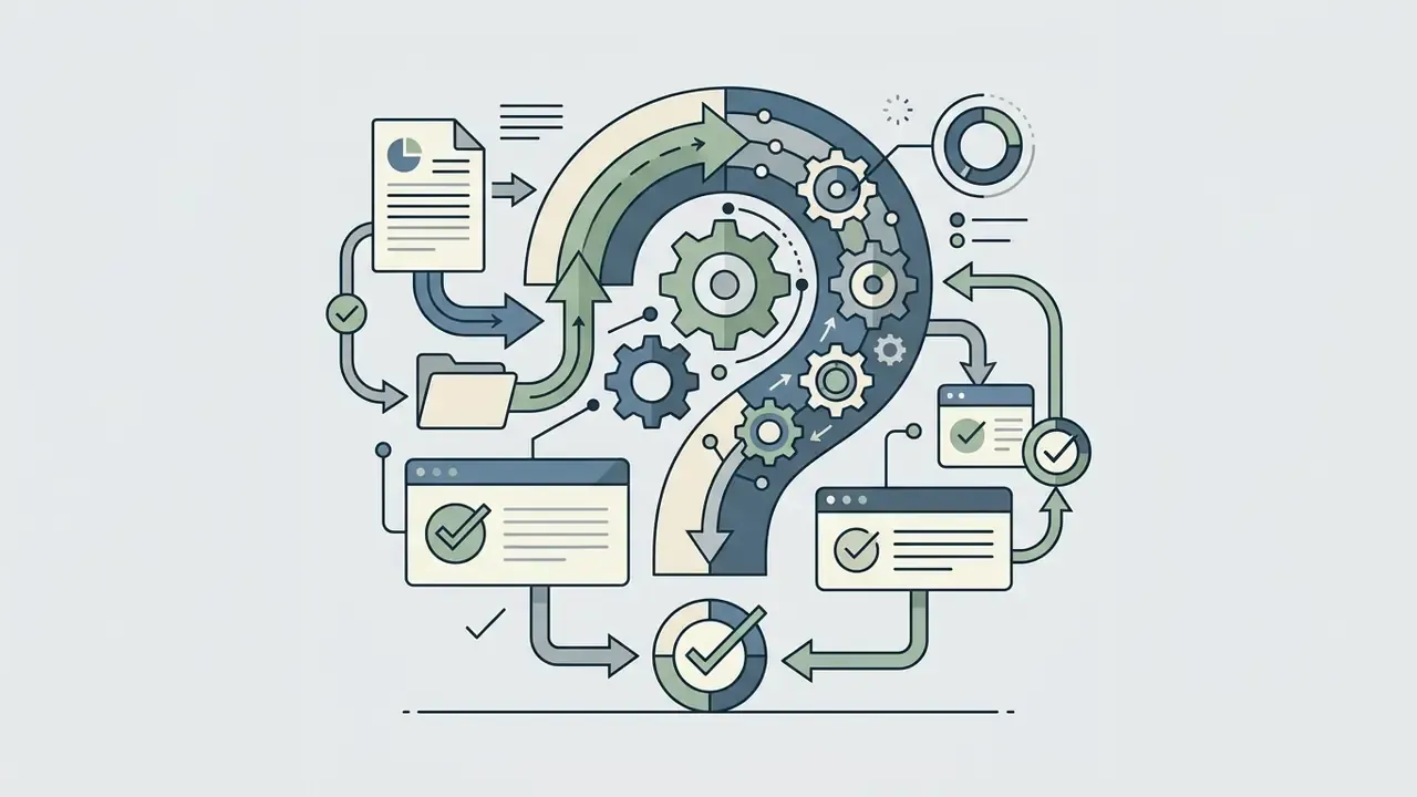 Question mark shape formed by interconnected gears and data windows with checkmark status icons