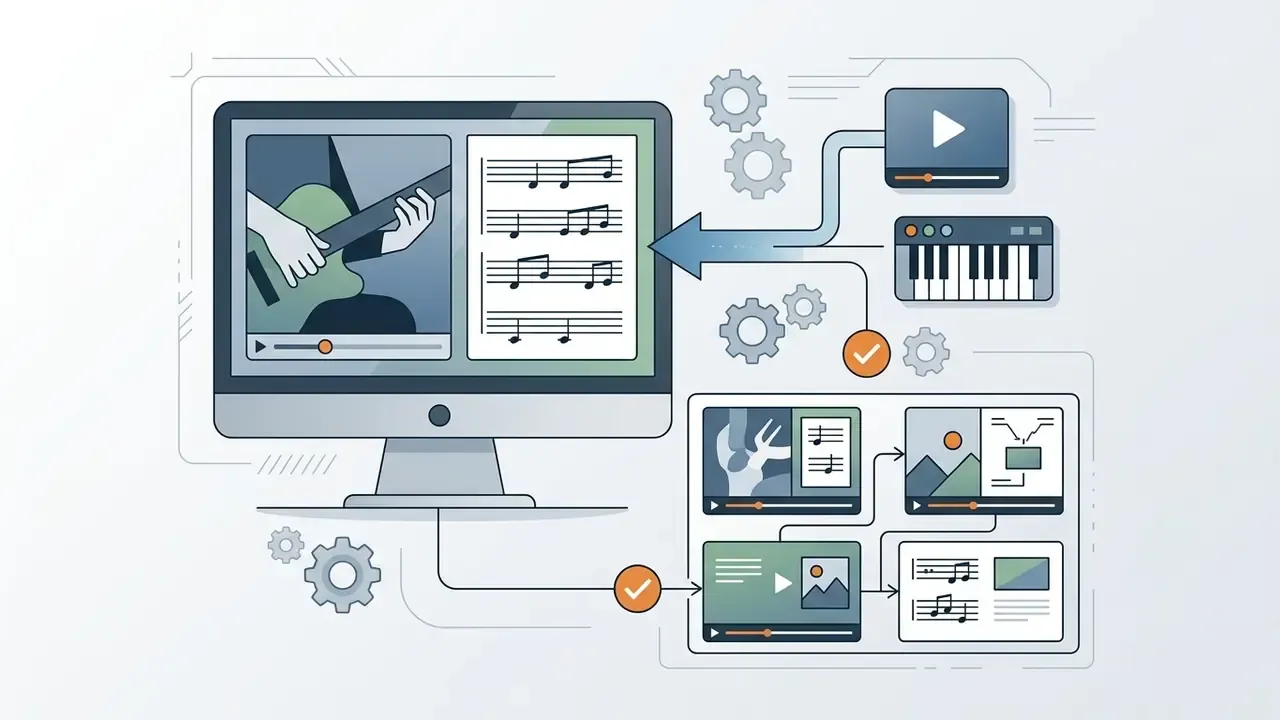 Computer monitor displaying a guitar performance video alongside synchronized musical notation