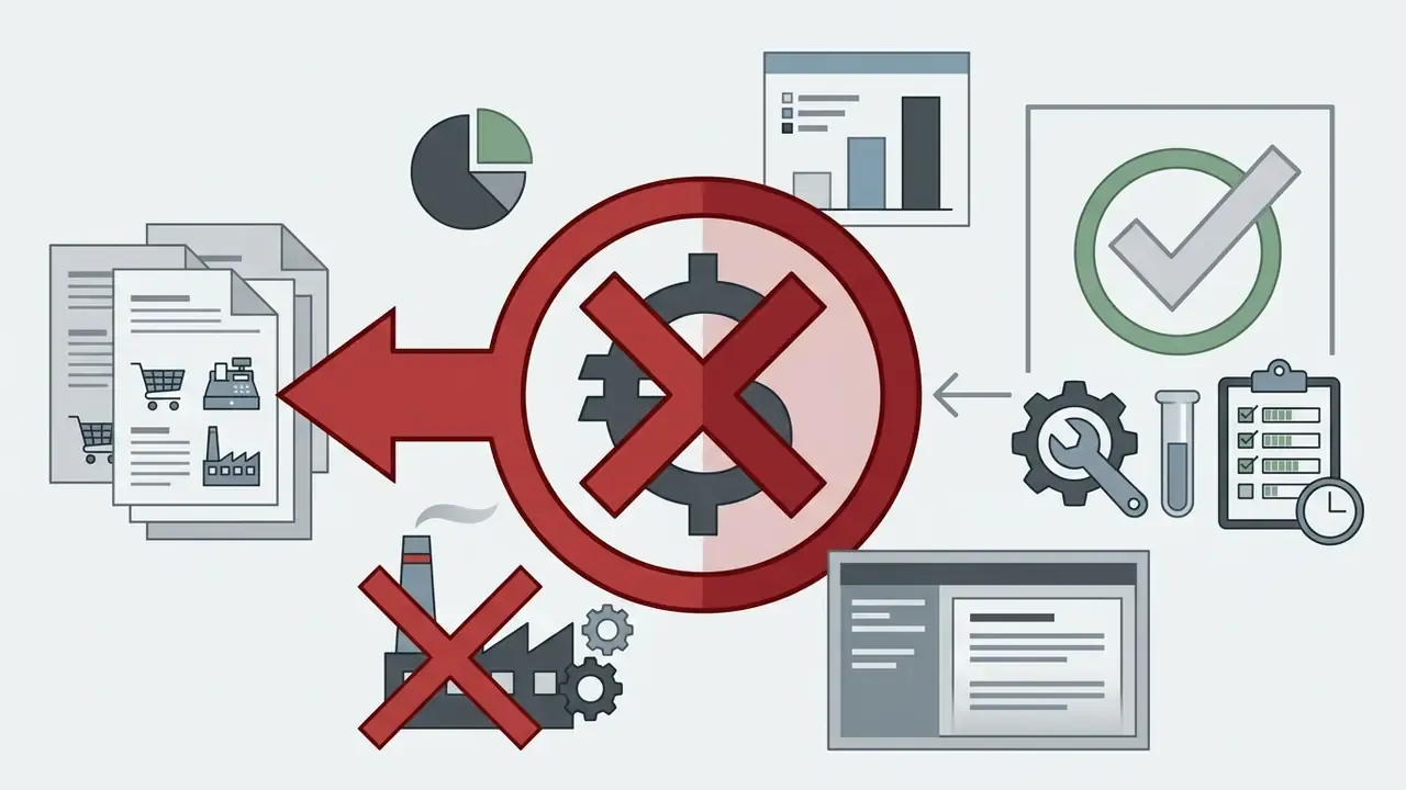 Commercial icons blocked by a red prohibition sign next to documents and testing tools