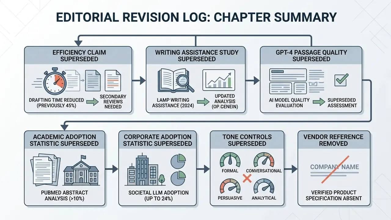 Sequence of boxes detailing superseded editorial claims, research findings, and removed vendor references