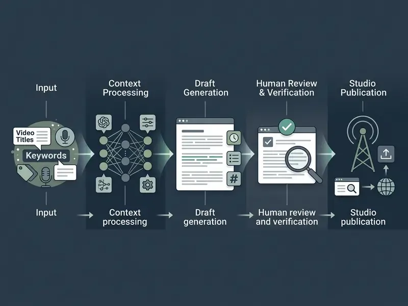 Flowchart showing the stages of an AI YouTube description generator from input to final publication