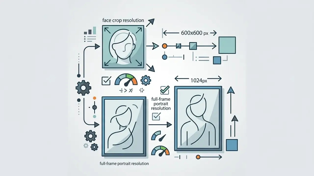 Visual guide comparing resolution requirements for face crops and full-frame portrait images