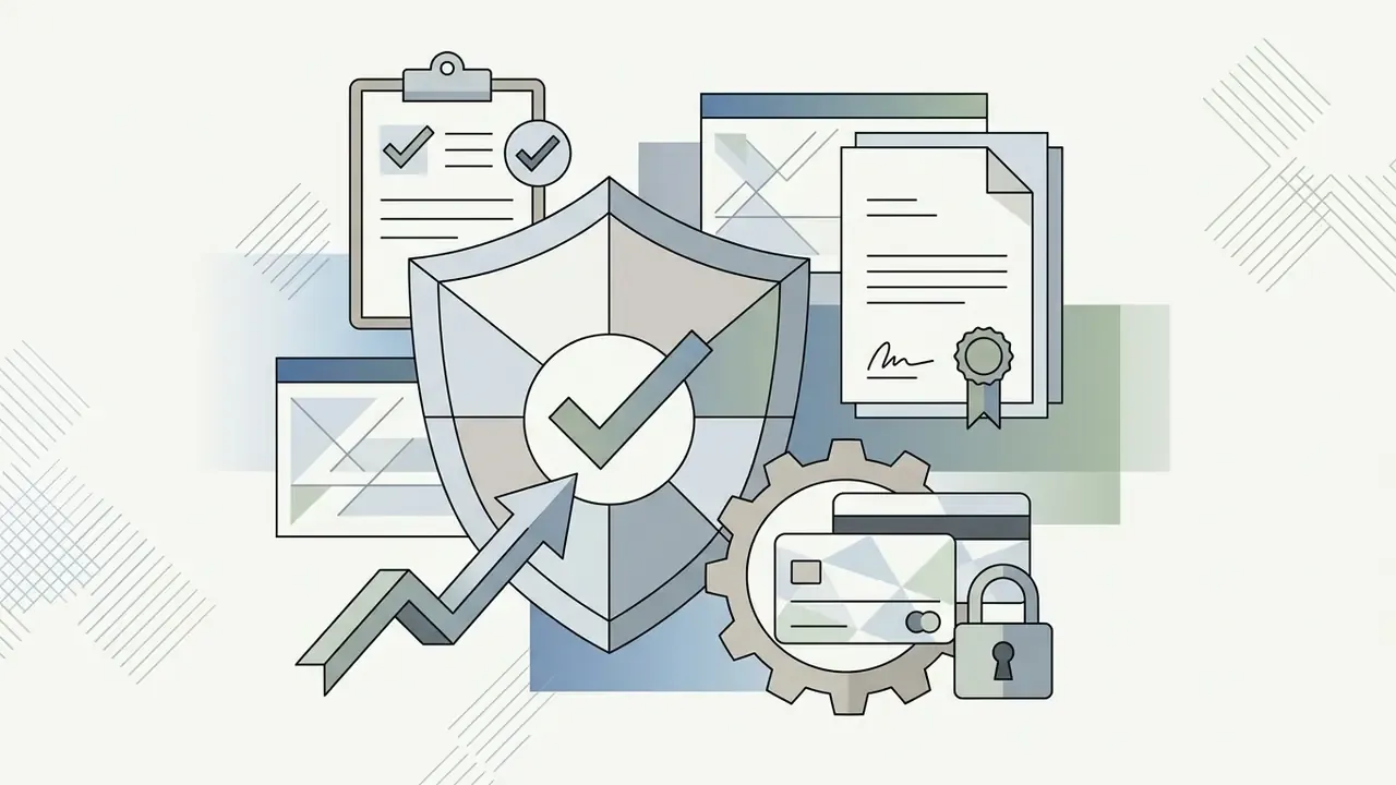 Shield with a checkmark surrounded by documents, credit cards, a gear, and a padlock icon