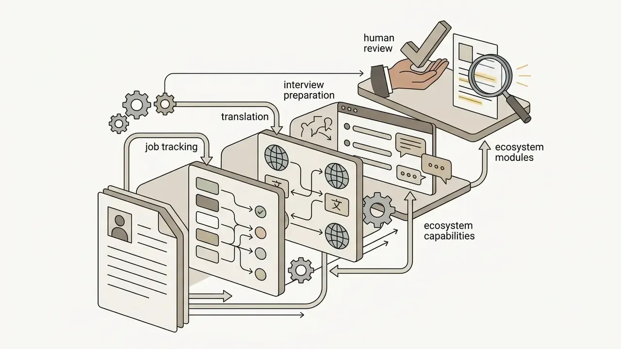 Interconnected modules showing job tracking, translation, interview preparation, and human review processes