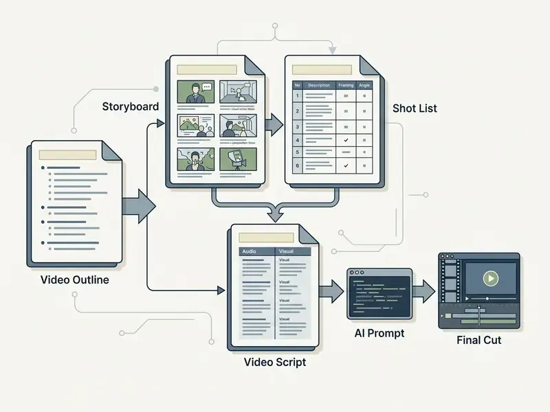 Flowchart showing the progression from video outline to storyboard, shot list, script, AI prompt, and cut