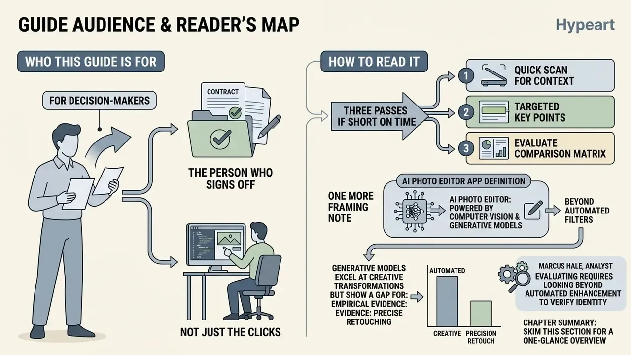 Infographic showing how to read a guide for decision-makers evaluating an ai photo editor app