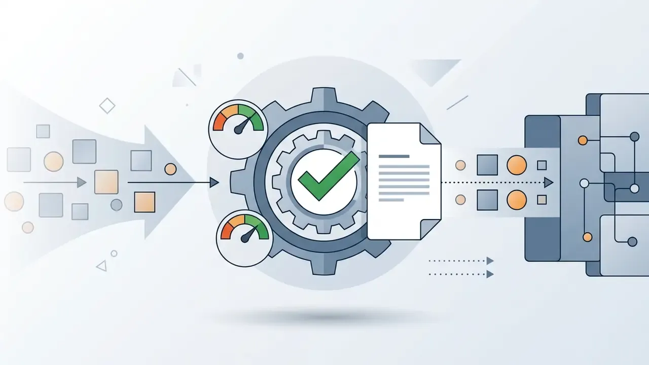 Data passing through a gear mechanism with gauges and a checkmark to reach a digital system