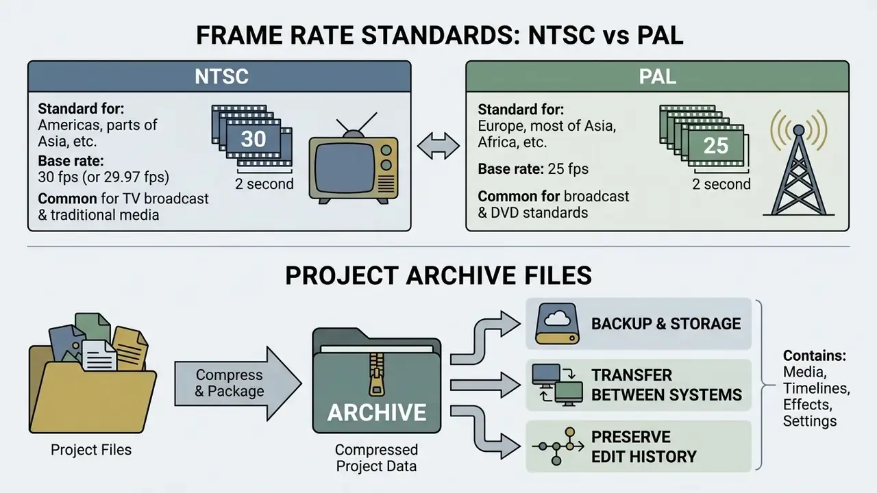 Split view showing NTSC and PAL frame rate standards alongside a workflow for archiving project files