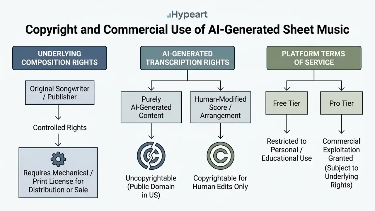 Flowchart breaking down legal ownership of composition rights, transcription rights, and platform terms