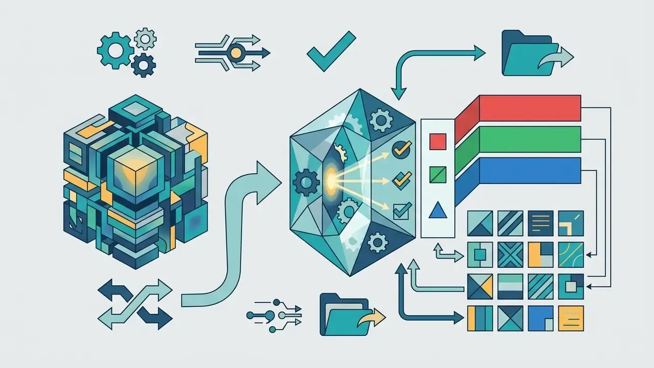 Geometric cube processing data into a faceted crystal that outputs organized color blocks and patterns