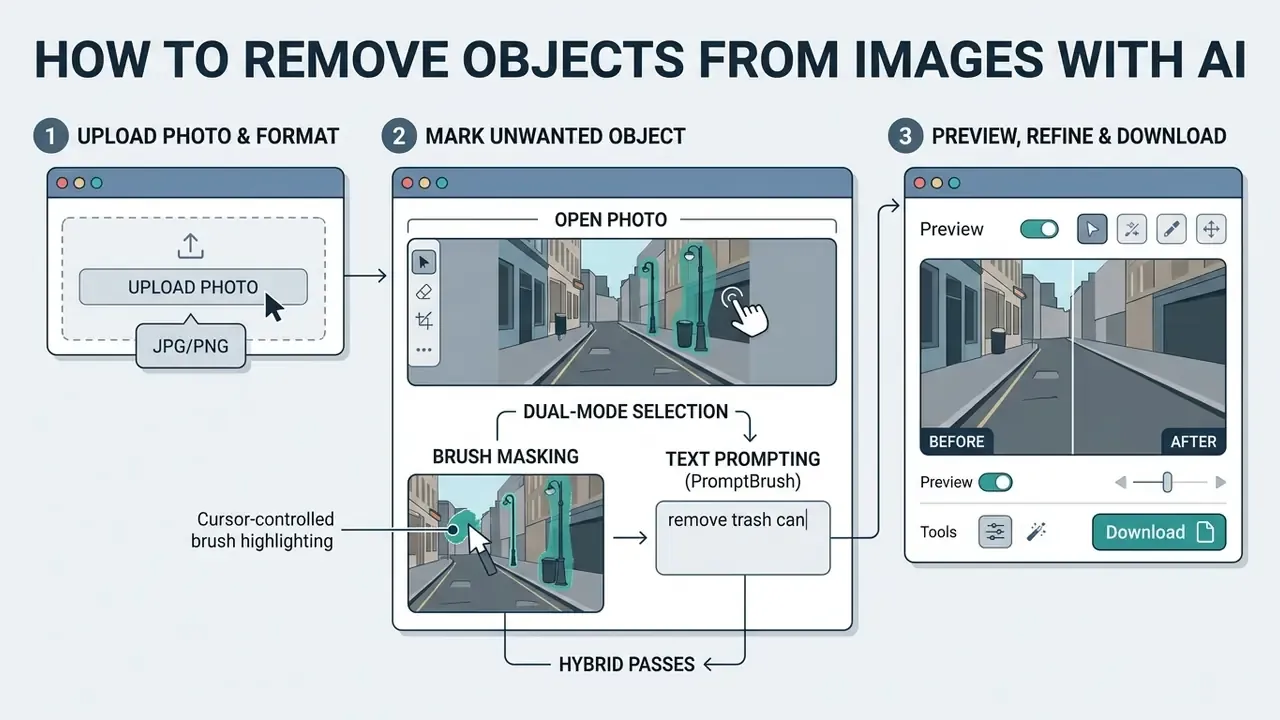 Three step workflow showing how to upload, mask or prompt, and download an edited image using AI tools